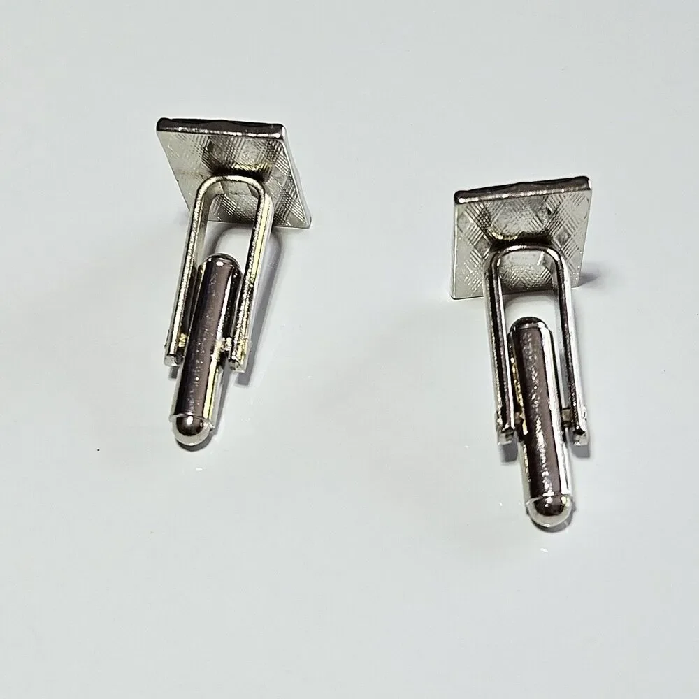 Cuff Links Vintage - Silver Tone with Black Enamel - Rectangle Shape
